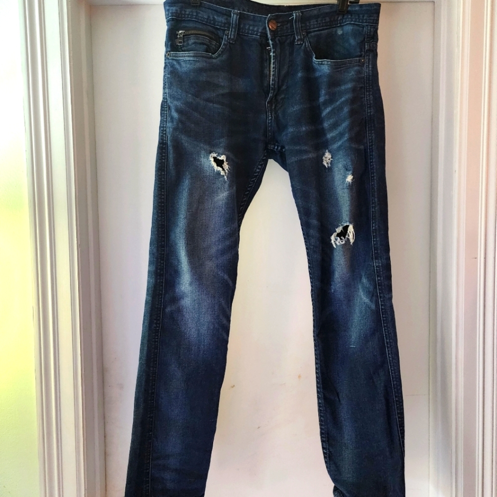 Armani Exchange Easy Fit Jeaj Size 34x30 Mens Straight Blue Denim Distressed A6